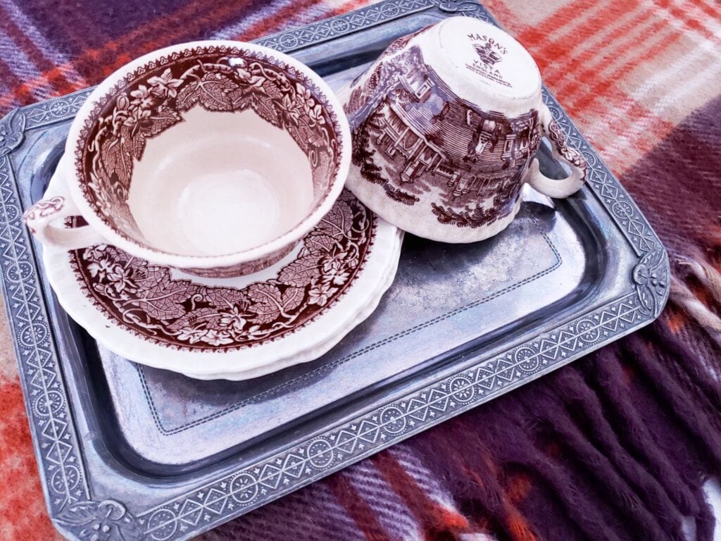 antique brown transferware tea cups