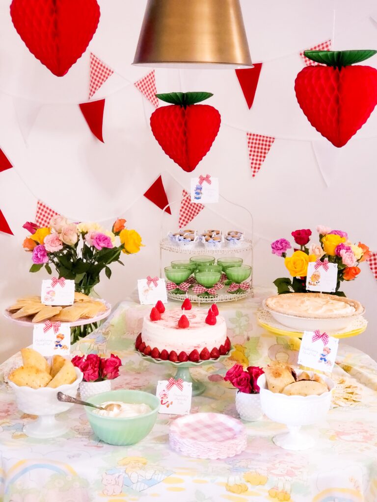strawberry shortcake  food table with hanging strawberries
