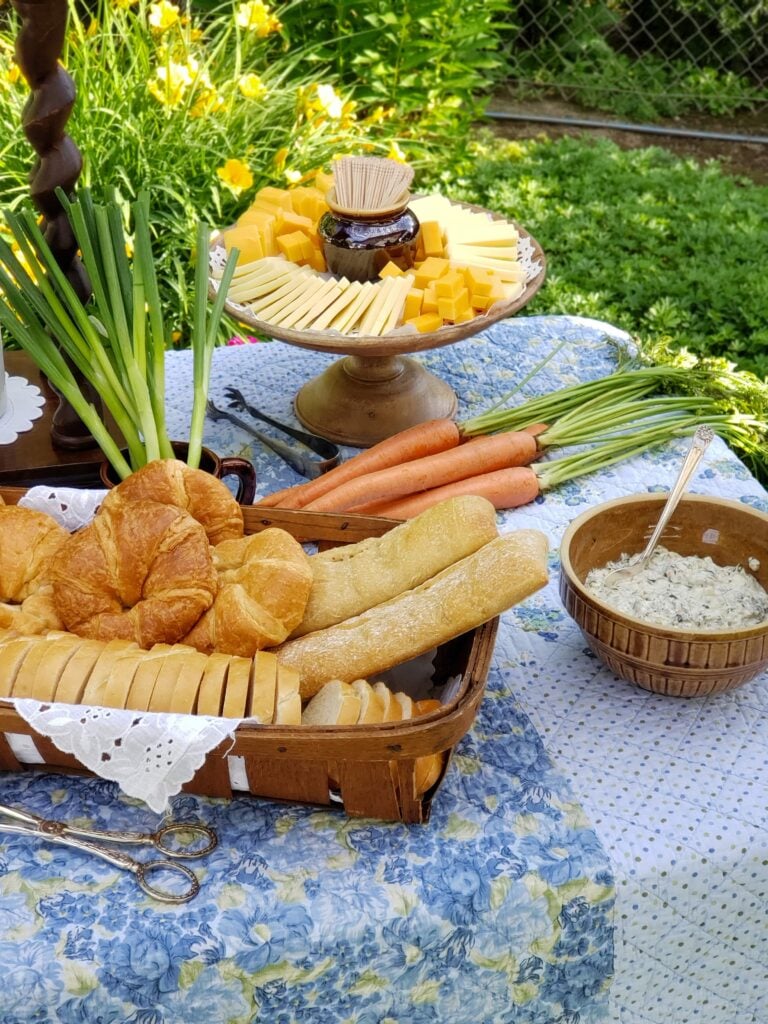 peter rabbit party food with crackers and cheeses