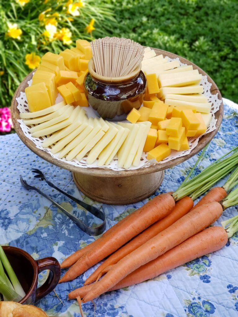 peter rabbit party food with crackers and cheeses