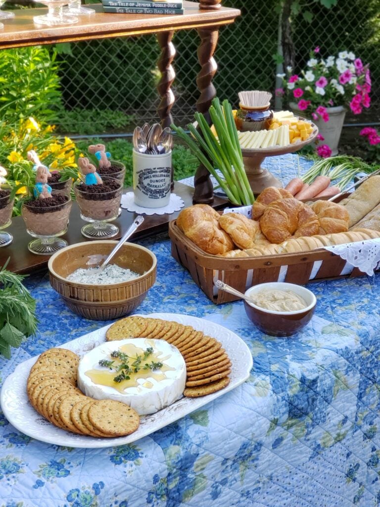peter rabbit party food with crackers and cheeses