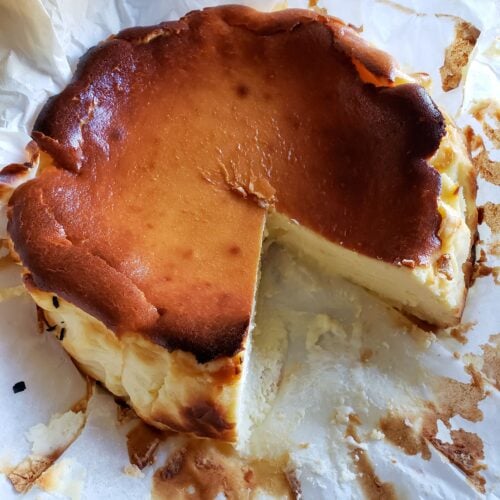 almond basque burnt cheesecake ON parchment paper