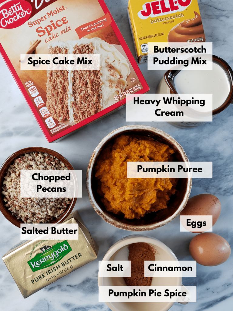 ingredients for: butterscotch pumpkin poke cake with cinnamon whipped cream