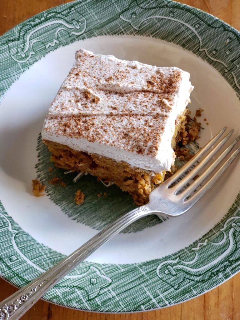 butterscotch pumpkin poke cake with cinnamon whipped cream