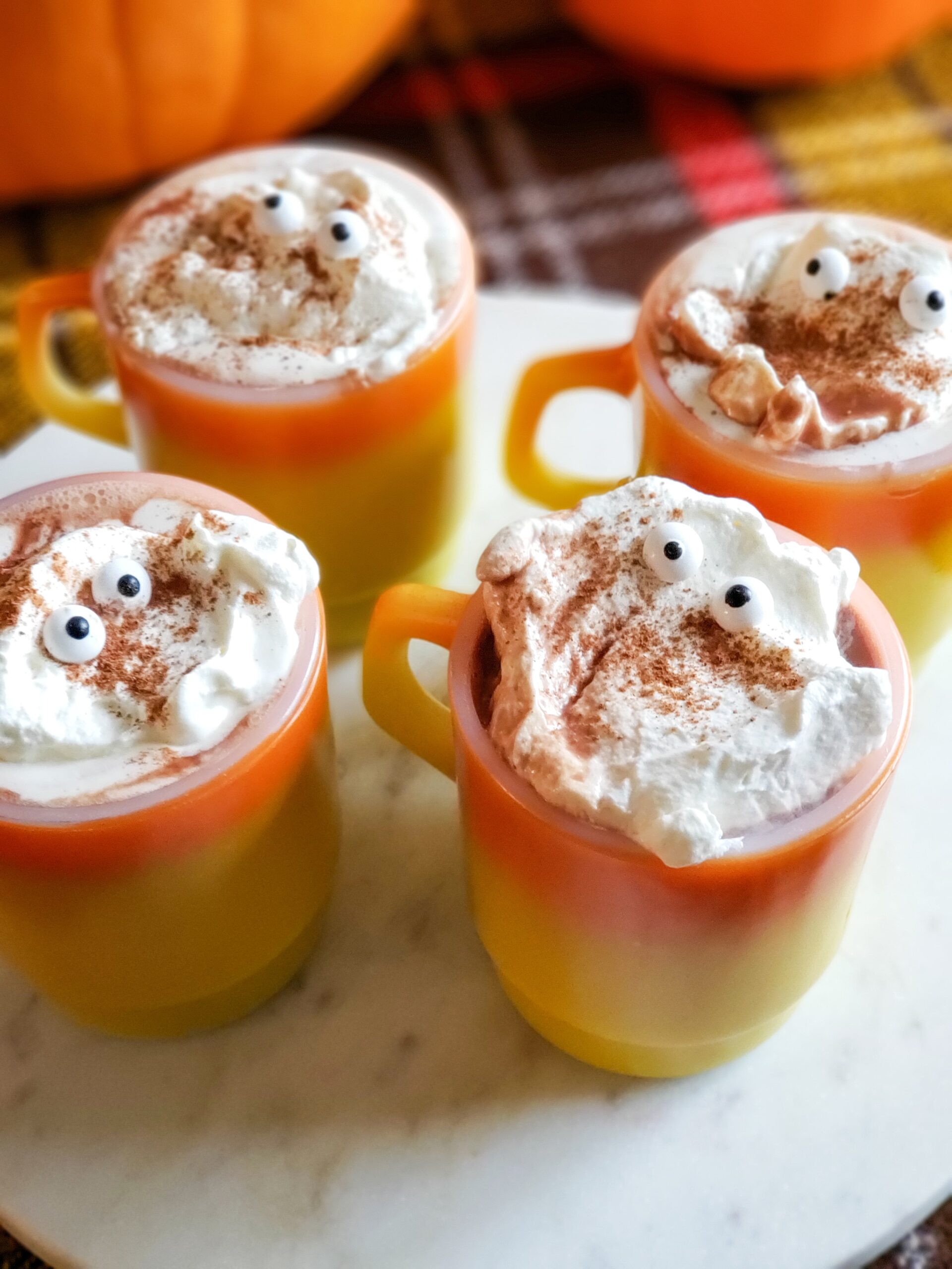 halloween hot chocolate in vintage mugs