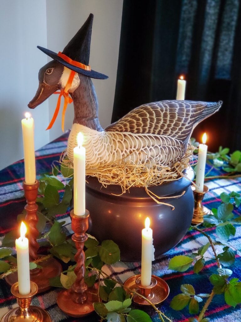 cozy cottage halloween decor with a goose sitting on a cauldron