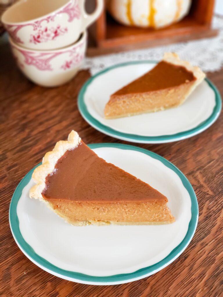 old fashioned pumpkin pie slice on plate