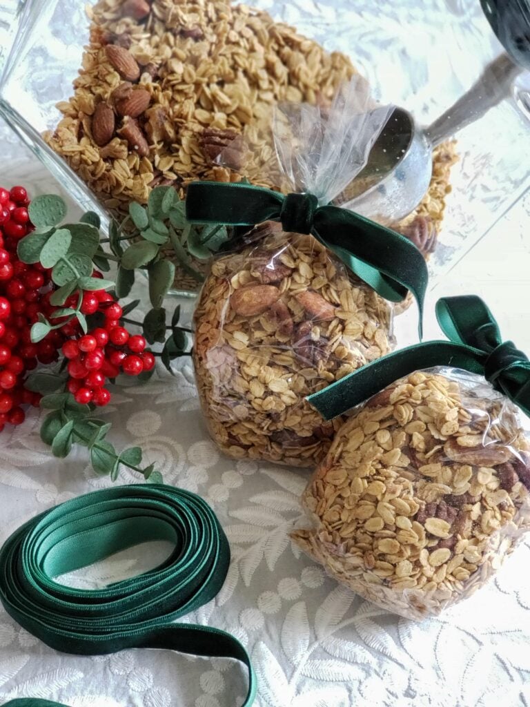 homemade granola with nuts in bags with ribbon