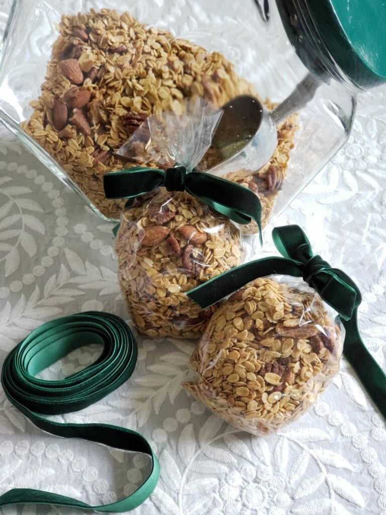 homemade granola with nuts in bags with ribbon
