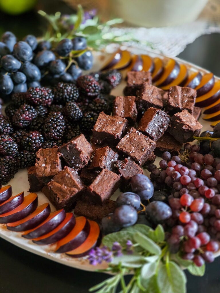owens harvest fruit and dessert snack board with brownies and dark fruit